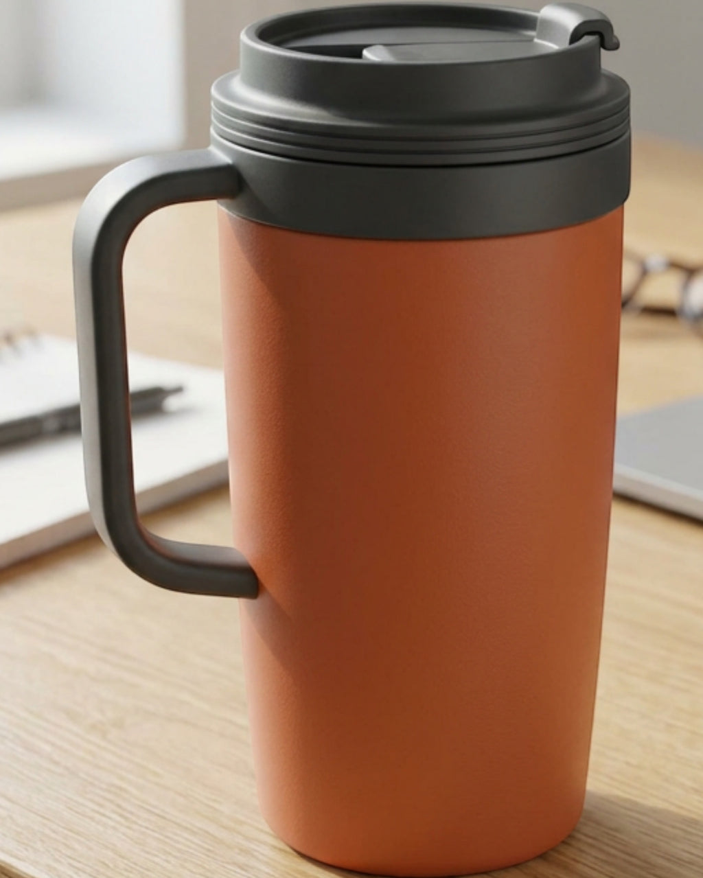 Mokfi Handled Flip-Sip Double-Wall Travel Mug 18 oz Terracotta Charcoal - Lifestyle view